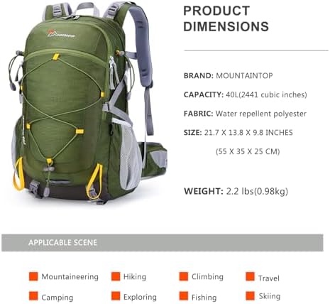 MOUNTAINTOP 40L Hiking Backpacks Trekking Rucksack Light Daypacks for Travel Camping Climbing Mountaineer Outdoor Sport
