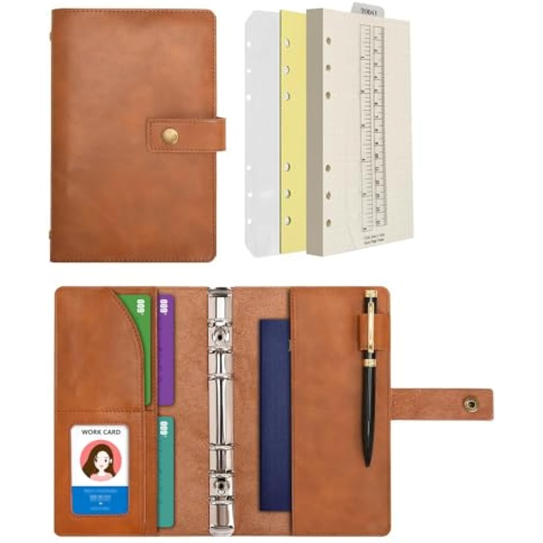WONDERPOOL A6 Leather Diary Refillable Notebook Spiral Journal Binder Portfolio - Dot Grid Paper & Inner Pockets Organizer for Man and Woman (Brown, A6)