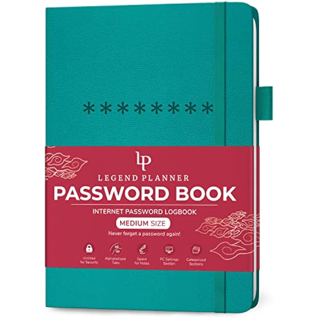 Legend Planner Password Book with Alphabetical tabs. Internet Address Keeper Logbook. Journal for Website Logins, Medium 13x19.5cm (Turquoise)