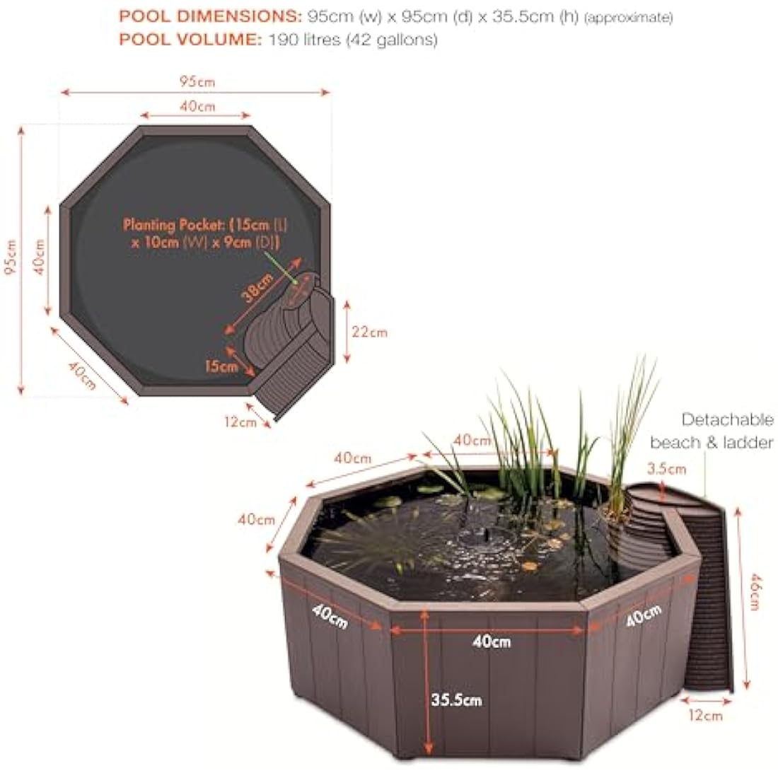 Blagdon Liberty No Dig Nature Pool, Raised Pond for Garden or Patio, Click Fit Easy Construction, with Floating Solar Fountain Pump, Bird Landing Platform, Wildlife Access Ladder and Planting Pocket