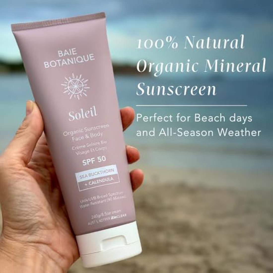 Baie Botanique Soleil - Organic Mineral Non Toxic Sunscreen - Face and Body Sunscreen Tube SPF 50 Sea Buckthorn & Calendula Natural Vegan No White Cast Chemical Filter Free Reef Safe UVA/UVB 240g