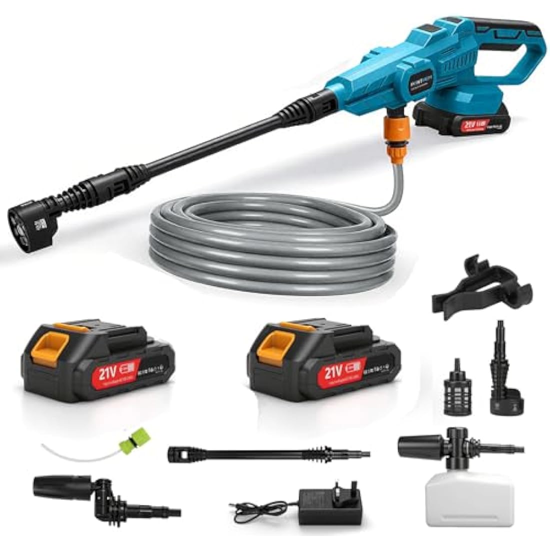 Cordless Pressure Washer Portable with 21V 2x Batteries, Portable High Power Washer Jet Wash Tool Cleaner with 6 IN 1 pray Nozzles, Soap Dispensing Bottle 5 m Washer hose for Car Garden Home Patio