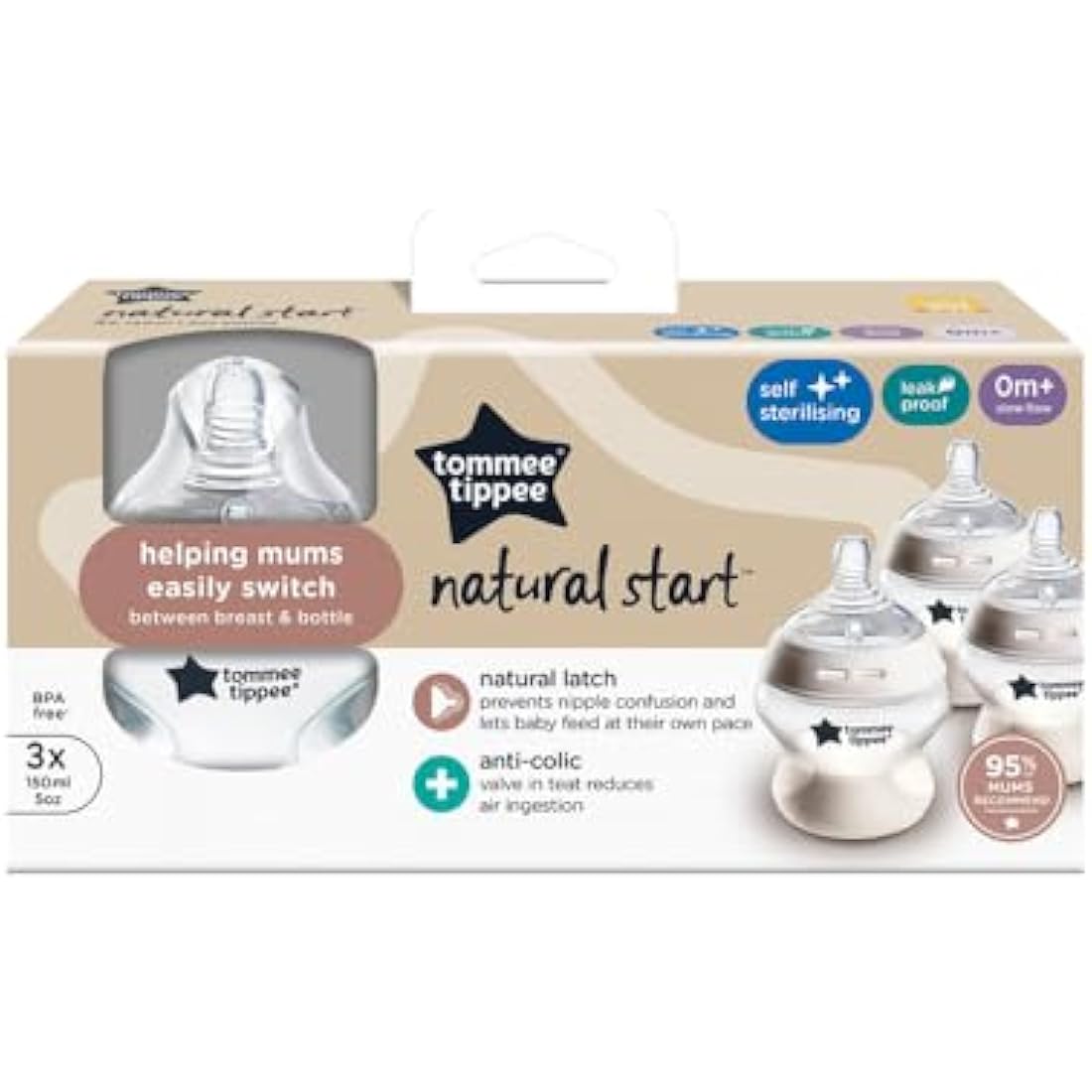 Tommee Tippee Natural Start Baby Bottles for 0m+, Pack of 3 150ml Baby Bottles, with Slow Flow Breast-Like Teat for a Natural Latch, Self-Sterilising and BPA Free, Baby Feeding Essentials