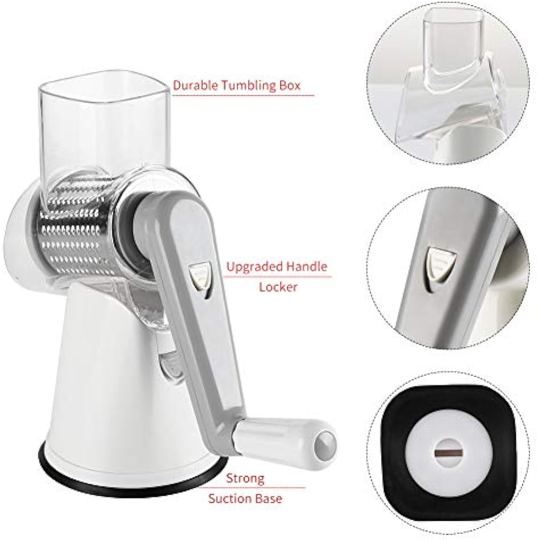 Ourokhome Cheese Grater Rotary Shredder, Kitchen Speed Mandolin Slicer Hand Crank Grinder with 3 Interchangeable Blades and Handle for Cheese, Vegetable, Walnut, Chocolate, Potato, Carrot, White