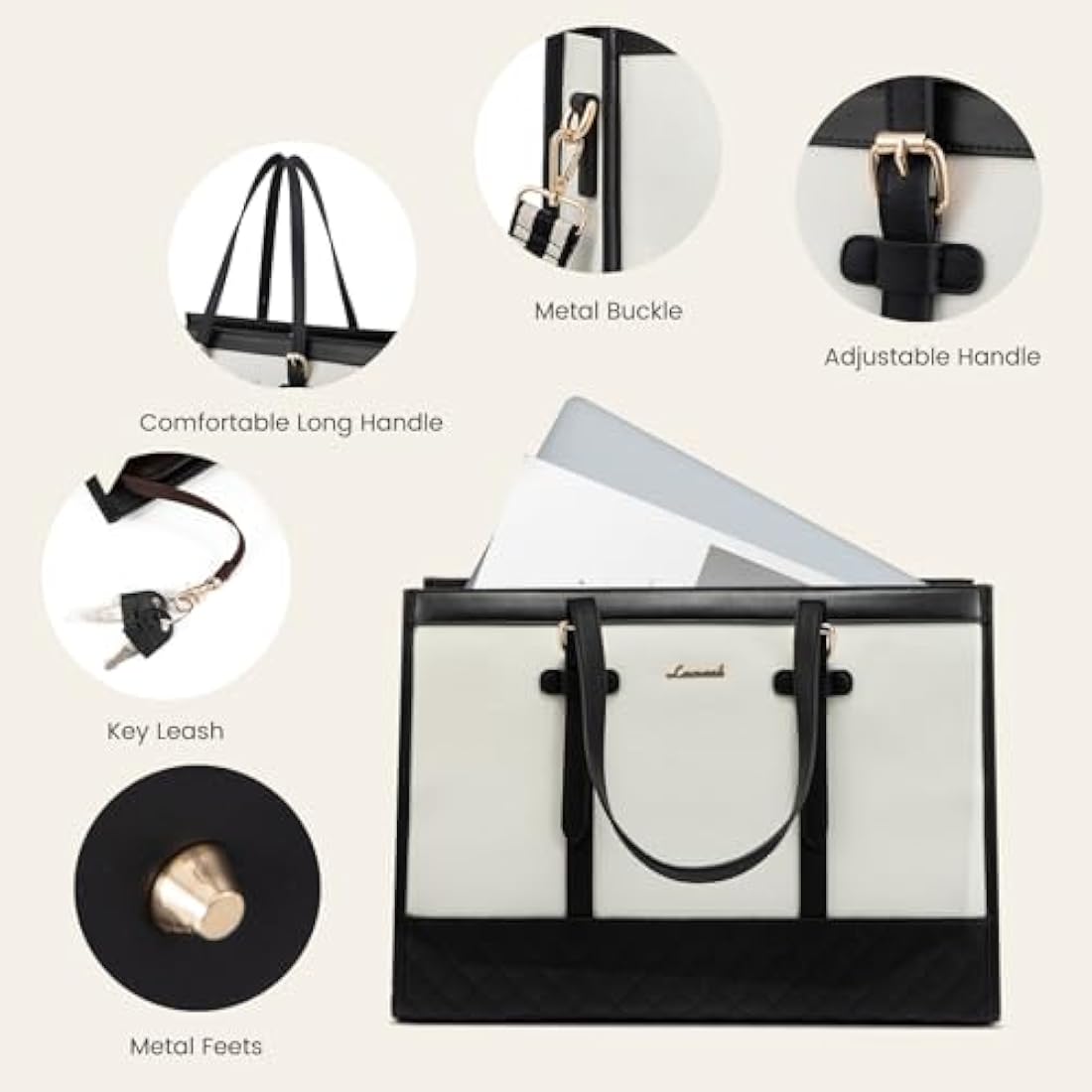 LOVEVOOK Laptop Bags for Women 15.6 Inch, Ladies Handbags for Work Business, Womens Large Tote Bag, Shoulder Bag with Clutch Lightweight for Office Business School College Shopping, Black White