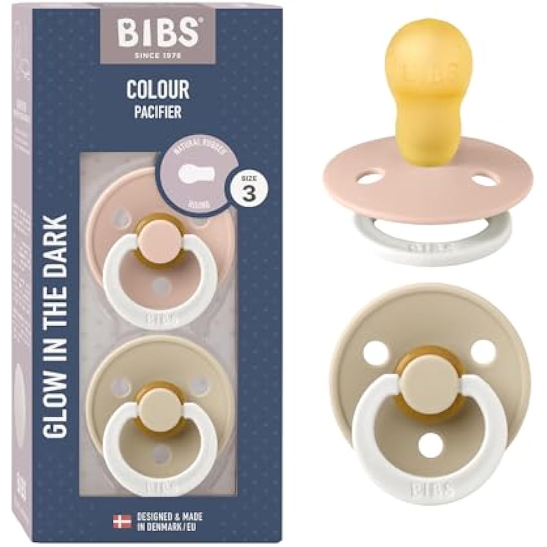 BIBS Colour Night Soother 2-Pack, BPA Free Dummy Pacifier, Round Nipple. Natural Rubber Latex, Size 3 (18+ Months), Blush Night/Vanilla Night