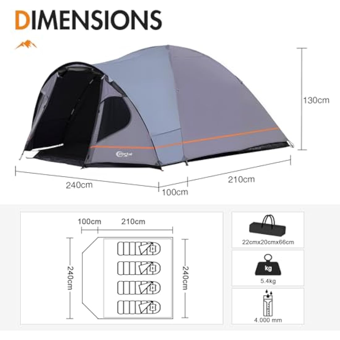 Portal 3-4 Man Tent with Porch, Camping Tent for 3 to 4 Persons with Sewn-in Groundsheet, 4000mm Waterproof Family Tent with Bedroom, Lightweight Dome Tent for Outdoor Garden Backpacking Hiking