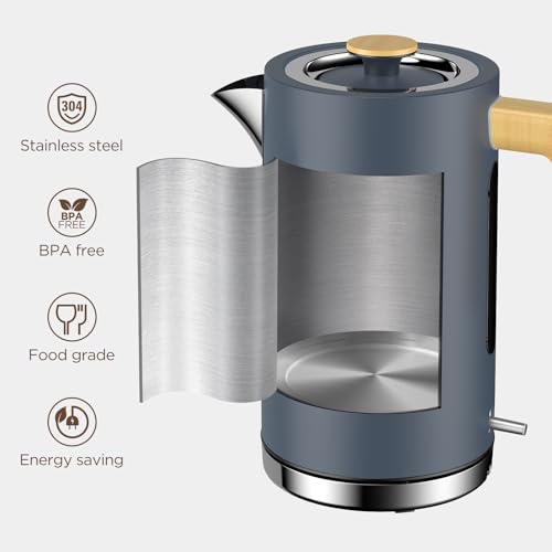 London Boutique Electric Kettle, Stainless Steel kettles Electric, Cordless Fast Boil Electric kettle with Wood Effect, Boil Dry Protection,