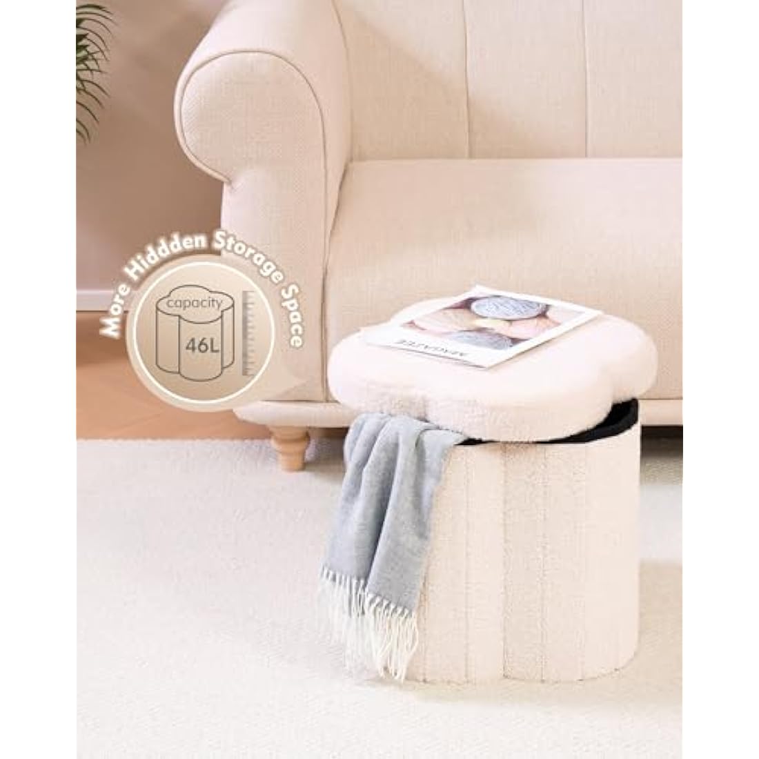 Bonlife White Ottoman Storage Box,Folding Storage Seat Box,Small Footstool For Living Room,Kid's Toy Chest Box,Teddy Flower Shape,38x38x38cm