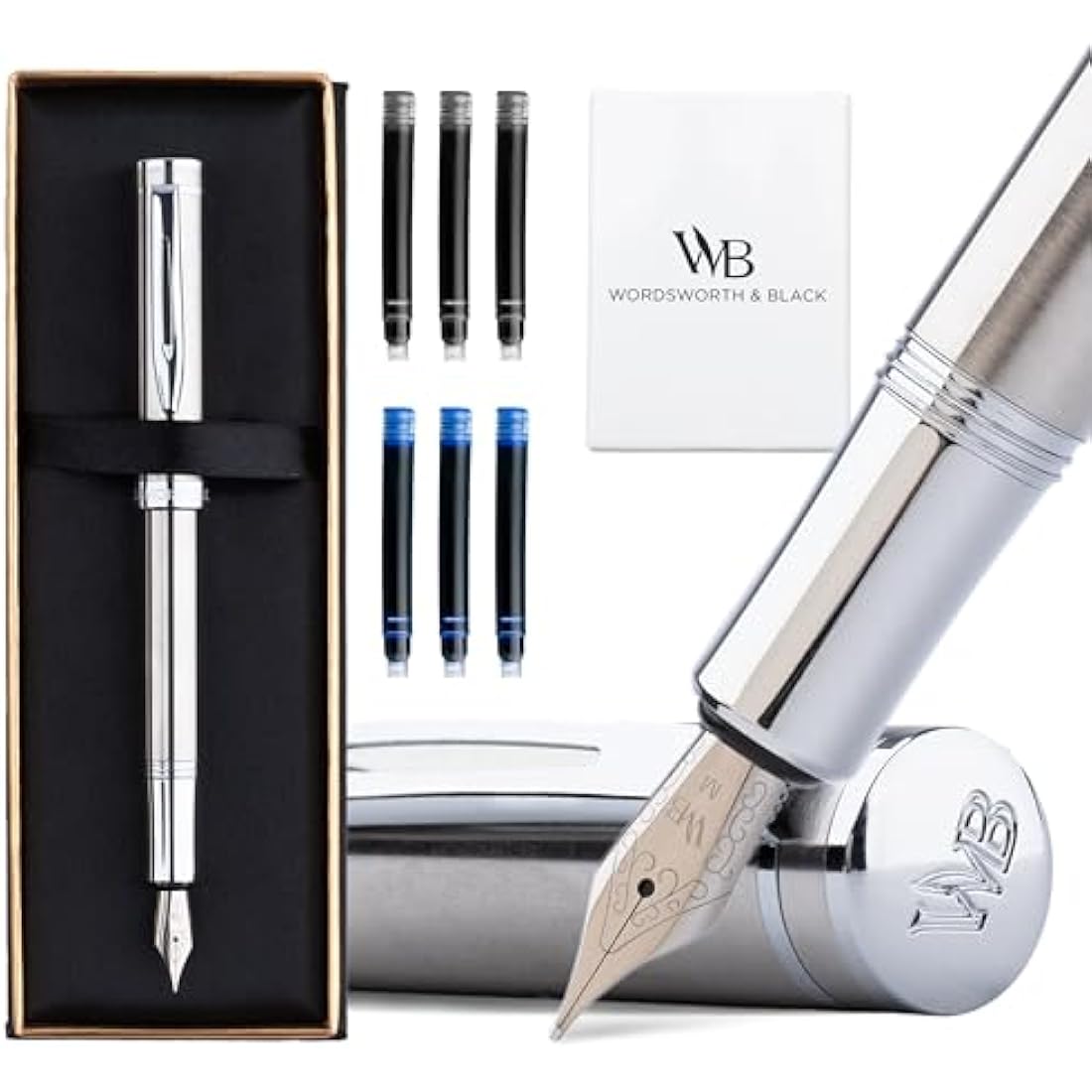 Wordsworth and Black Fountain Pen Mini EDC: Luxury Silver Heavy Pocket Pen, Chrome Finish, Medium Nib, 6 Ink Cartridges, Ink Converter, Travel Refillable Writing Pen Gift Set, Men & Women