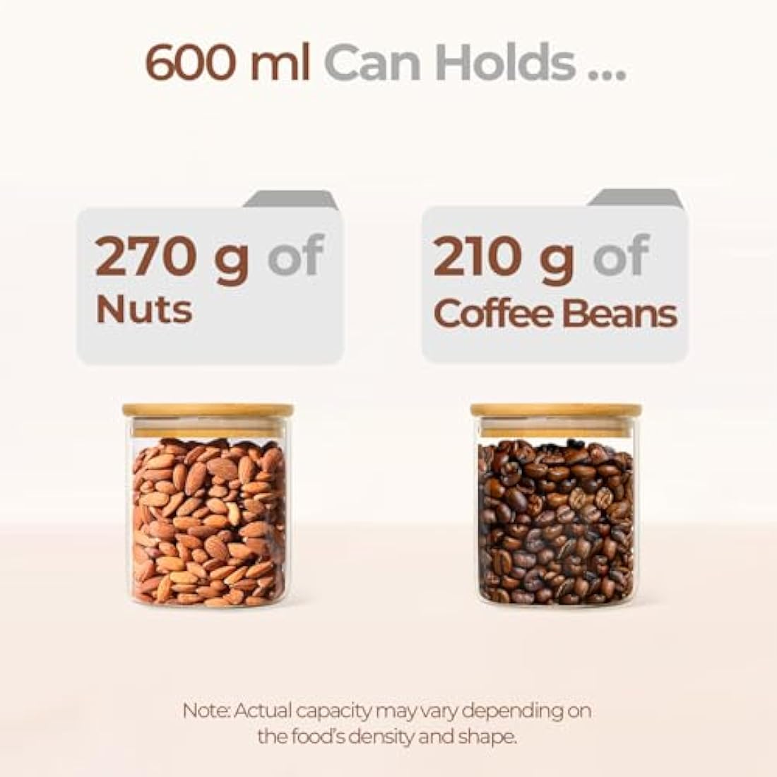 ComSaf Airtight Glass Food Storage Jars Set of 6, 600ml Clear Glass Food Storage Container with Sealing Wooden Lid, Stackable Spice Jar, Round Kitchen Canister for Sugar, Tea, Coffee bean, Pasta