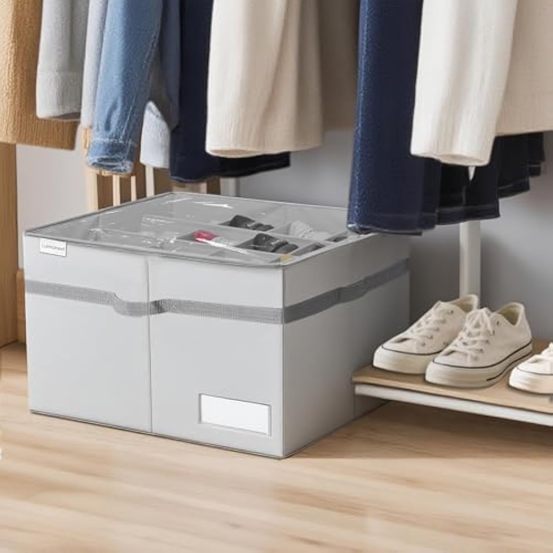 LUVHOMEE Shoe Organiser for Closet, Fits 16 Pairs, Large Shoe Box Storage Containers, Clear Foldable Shoe Storage Bins w/Bottom Support, Space Saving Shoes Holder w/Reinforced Handles, Grey
