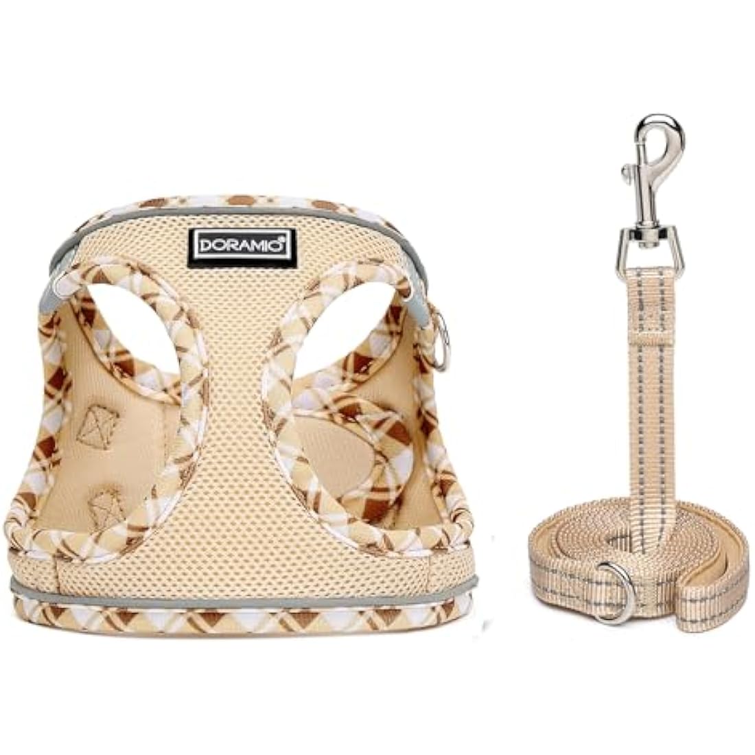 DORAMIO Step-in Dog Harness and Leash Set, Soft Mesh No-Chock Reflective Breathable Easy Walk Lightweight Vest Harnesses with Safety Buckle for Small Dogs, Cats, Puppies (Beige Yellow, XXS)