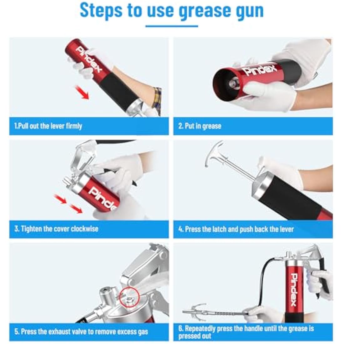 Pindex Heavy Duty Grease Gun Set with G Coupler Quick Release Lock, Manual Pistol Grip Grease Gun Tool with Fittings Ends Nozzle Hose for 400g Cartridge