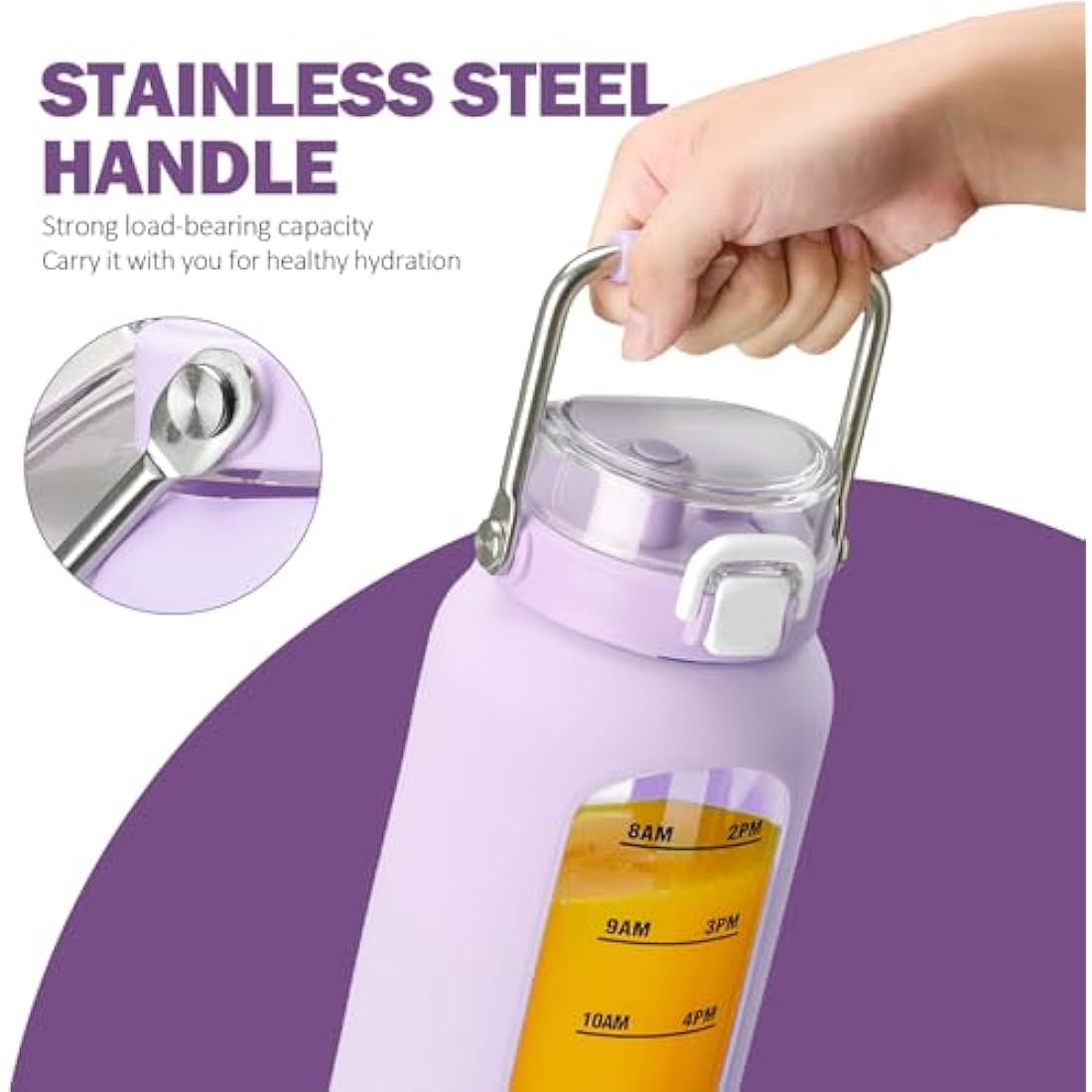 BLUEGO 2000ml Borosilicate Glass Water Bottle with Stainless Handle and Time Marker 2L Drinking Bottle with Silicone Sleeve and Straw for Gym Office Outdoor Sports Water Bottles BPA Free, Purple