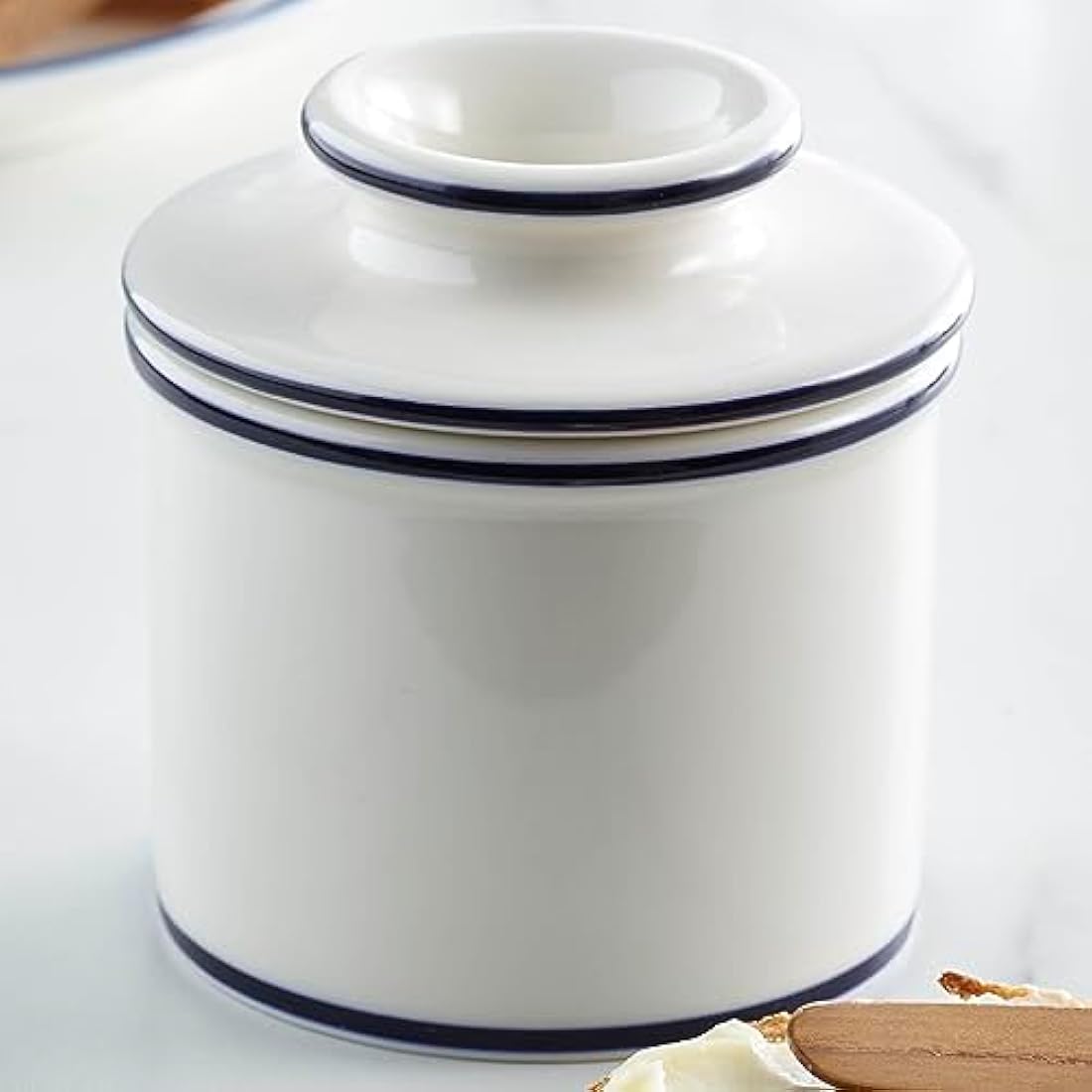 Butter Bell - The Original Butter Bell Crock by L Tremain, a Countertop French Ceramic Butter Dish Keeper for Spreadable Butter, Parisian Bistro Style with Blue Trim