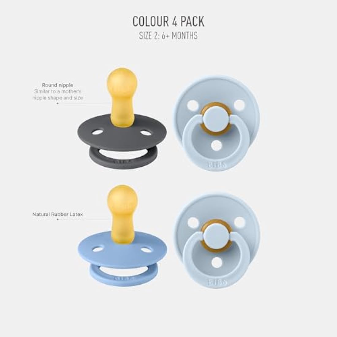 BIBS Dummies Colour 4-Pack, BPA Free Dummy Pacifier, Round Nipple Soothers, Natural Rubber Latex, Made in Denmark. 6-18 Months (Pack of 4), Baby Blue Colours
