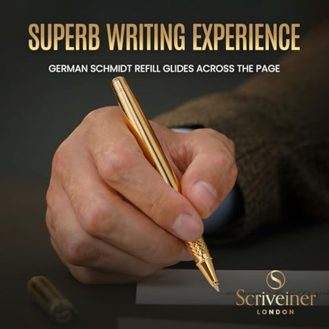 Scriveiner Gold Rollerball Pen - Stunning Luxury Pen, Real Gold Plating, Schmidt Ink Refill, Best Roller Ball Pen Gift Set for Men & Women, Professional, Executive Office, Nice Pens