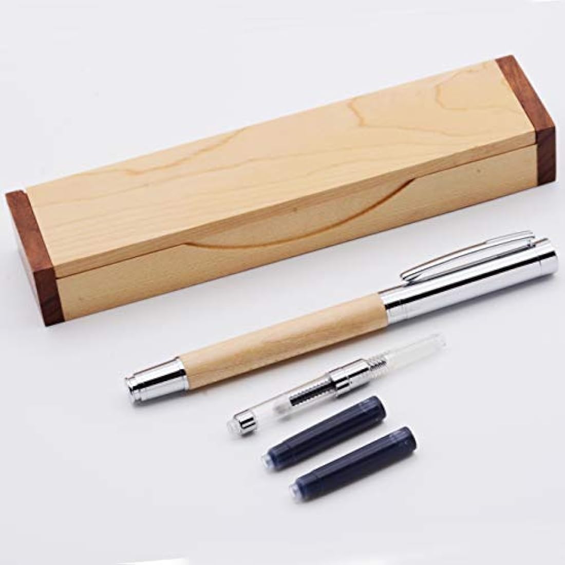 LACHIEVA Luxury Maple Fountain Pen, Elegant Pen with German-made Finb Nib, Converter, Cartridges. Nice Wood Pen Set for Men & Women. Professional, Executive, Office Gift