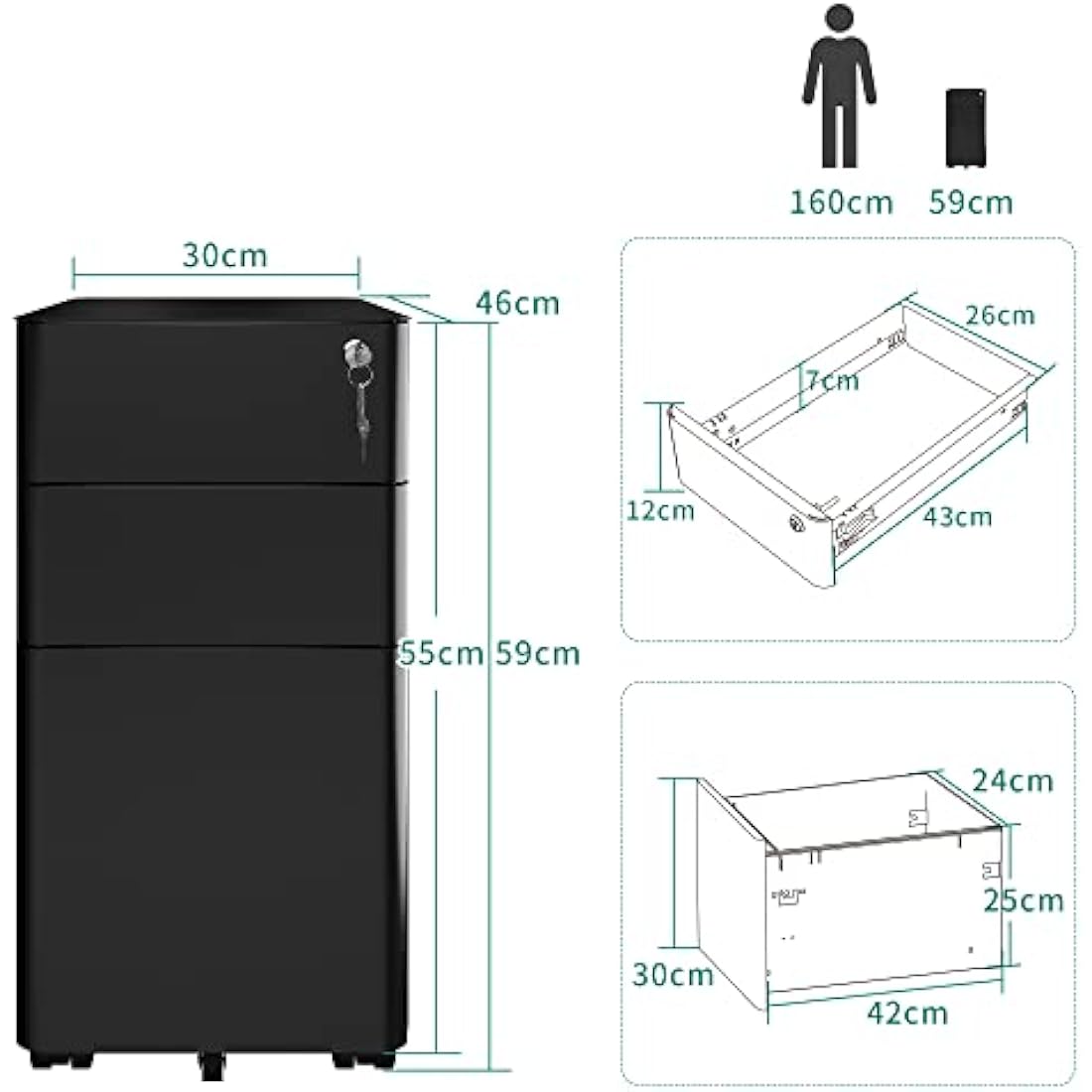 YITAHOME Metal File Cabinet with 3 Lockable Drawers, Mobile Filing Cabinet for Home Office, Under Desk File Office Drawers for Letter/Legal/A4, Fully Assembled, Black, 30 x 46 x 59cm