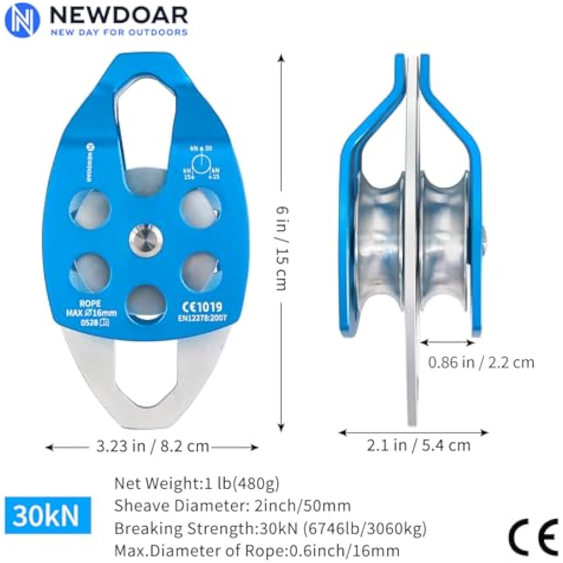 NewDoar 30KN Single/Double Pulley CE Certified Large Rescue Pulley for Diameter Max 16mm Rope Single/Double Sheave with Swing Plate for Rescue Hauling Arborist Tree Climbing