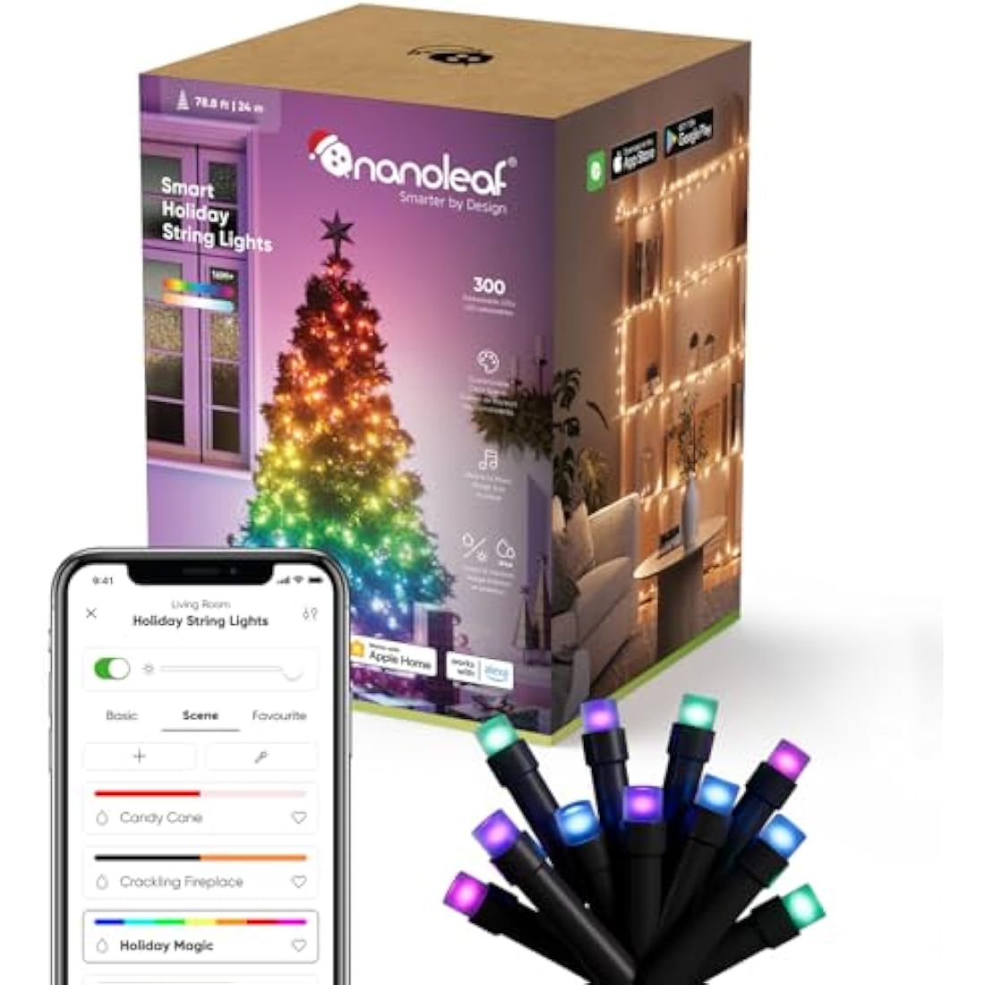 Nanoleaf 24M Smart Holiday String Lights with Christmas Scene, 300 Addressable RGB IC LEDs, Indoor & Outdoor, Music Sync, Matter over WiFi, Control via App Voice (Alexa, Apple Google Home), Room Decor