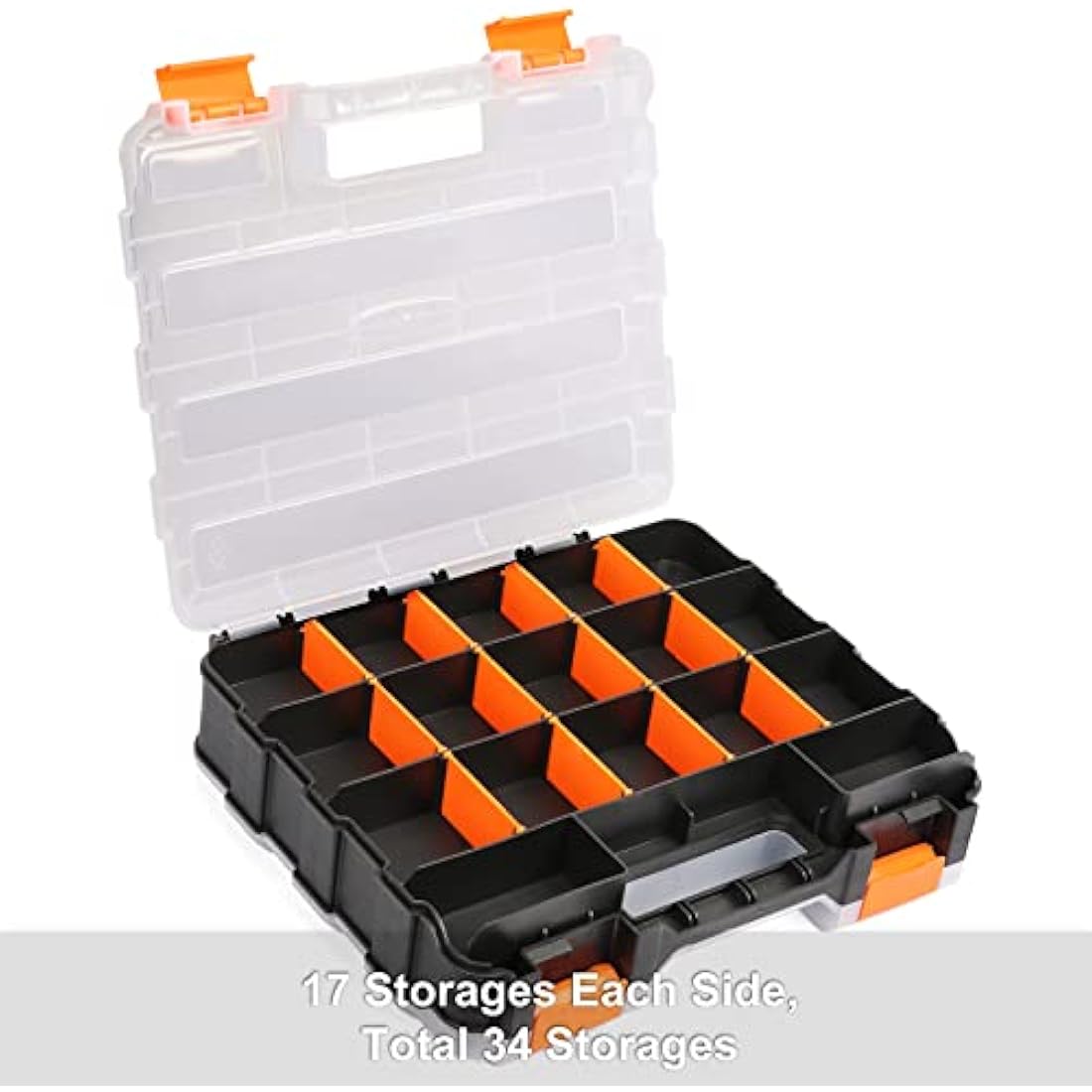 CASOMAN Double Side Tool Organizer, with Impact Resistant Polymer and Customizable Removable Plastic Dividers, Hardware Box Storage, Excellent for Screws,Nuts,Small Parts, Black/Orange. 2-Pieces Pack