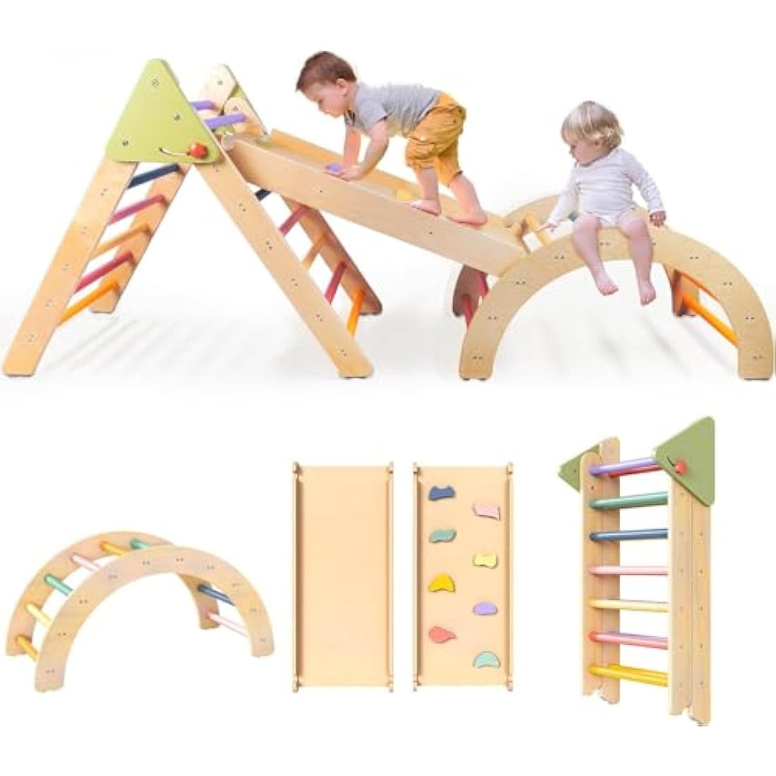 LOL-FUN 3in1 Wooden Climbing Frame for Toddlers, Baby Climbing Toys Pikler Triangle Set with Ramp and Arch, Montessori Indoor Play Jungle Gym for Kids 100x49x11CM Package-Rainbow