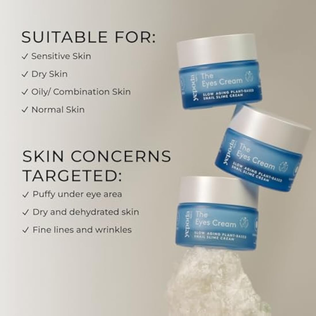 Yepoda The Eyes Cream, Hydrating Eye Cream With Plant-Based Snail Slime Alternative, Depuffs & Deeply Hydrates the Skin, Vegan Korean Eye Cream for All Skin Types, 15 ml