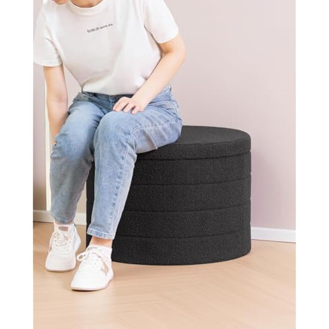 Bonlife Extra Large Folding Round Ottoman with Storage,Boucle Ottoman Stool, Footstool Seat Coffee Table,Toy Box Storage,Footrest Stool for Living Room,Bedroom,Grey,56x56x40cm