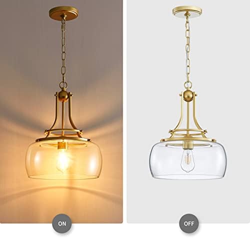 WUZUPS Chandelier Rustic Farmhouse Industrial Round Ceiling Pendant LED Light Fixture with Clear Glass Shades for Dining Room Kitchen Island Foyer Entryway, H 43 x W 34, E27 Base, Gold