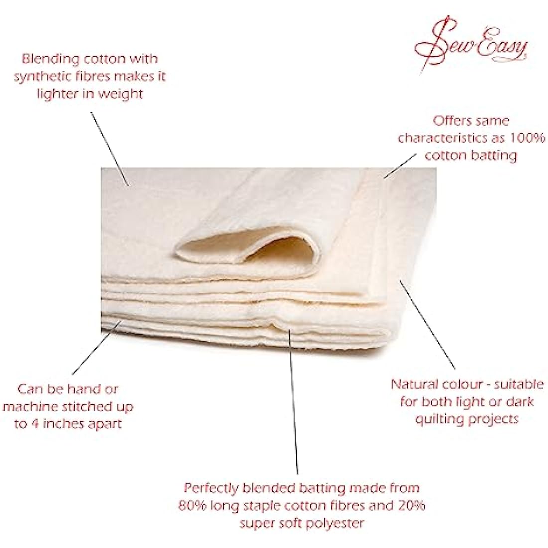 Sew Easy Quilting Batting Wadding 80% Cotton 20% Polyester Washable, Queen Size 228.6 x 274.3cm 90 x 108” (NLW.204)