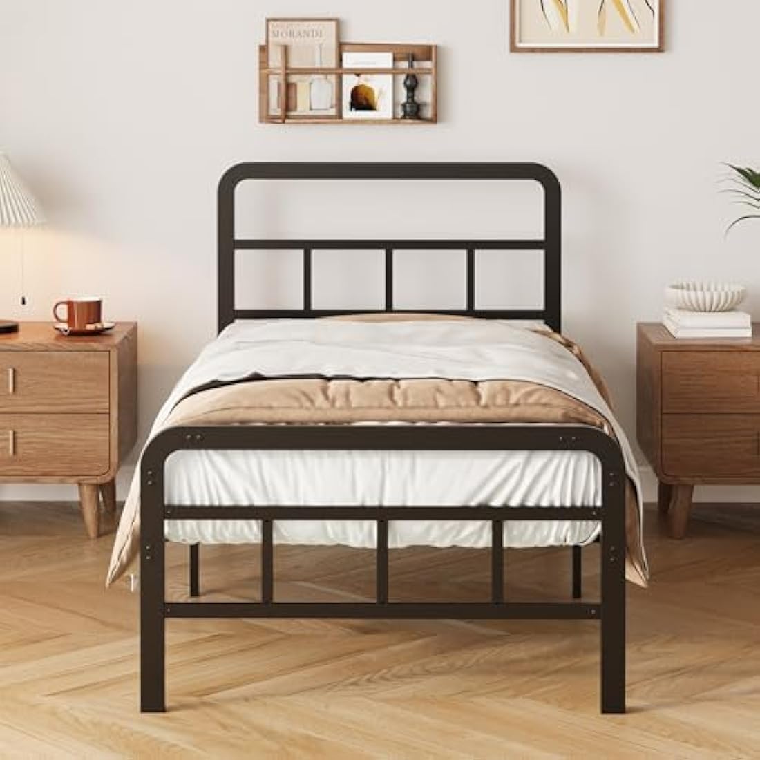Yicensen Single Bed Frame with Curved Headboard and Footboard 90x190 cm, Black Single Platform Bed with Heavy Metal Slats for Stable Support, No Box Spring Needed, Noise Free, Easy Assembly
