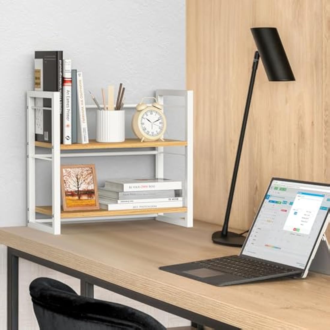 THYGIFTREE Office Desk Shelf Organizer, Wood Desktop Bookshelf Supplies Storage Rack, Shelf for Top of Desk and Dresser (WHITE)
