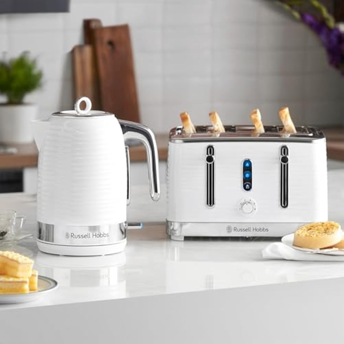 Russell Hobbs Inspire 4 Slice Toaster (Extra wide slots, High lift feature, 6 Browning levels, Frozen/Cancel/Reheat function with Blue LED illumination, 1800W, White textured high gloss) 24380