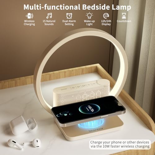 blonbar Bedside Lamp, Wake-Up Light, 10 Watt Wireless Charger, Touch Dimmable Table Lamp, Sunrise Alarm Clock, 3 Levels of Brightness, Soothing Sound, Bedroom Sleep Aid for Babies & Adults