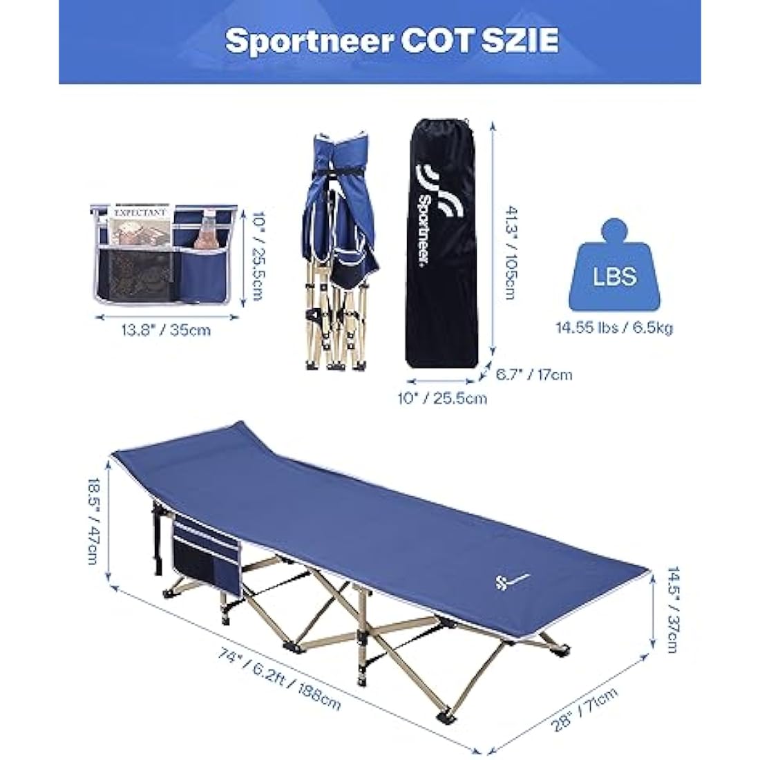 Sportneer Camp Beds for Adults with 1.5" Thick Mattress, Camping Bed 74 * 28" Extra Wide Support 450lbs for AdultsTravel Fishing Picnic Outdoor