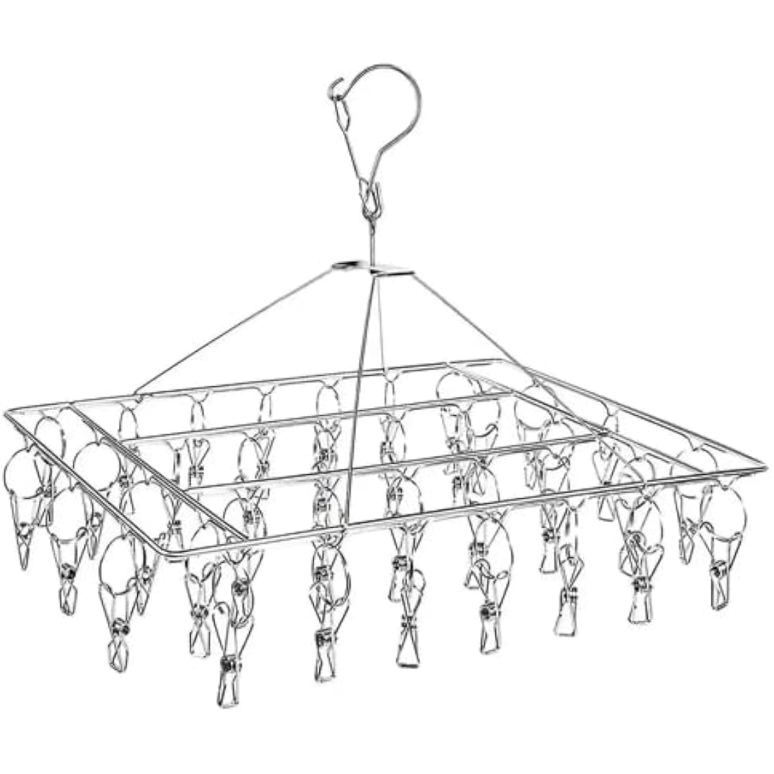 BARGAIN FACTORY Metal Sock Hanger, Stainless Steel Heavy Duty Drying Rack with 36pcs Pegs and Swivel Hook, Windproof Laundry Metal Square Hanger for Socks, Underwear and Small Items.