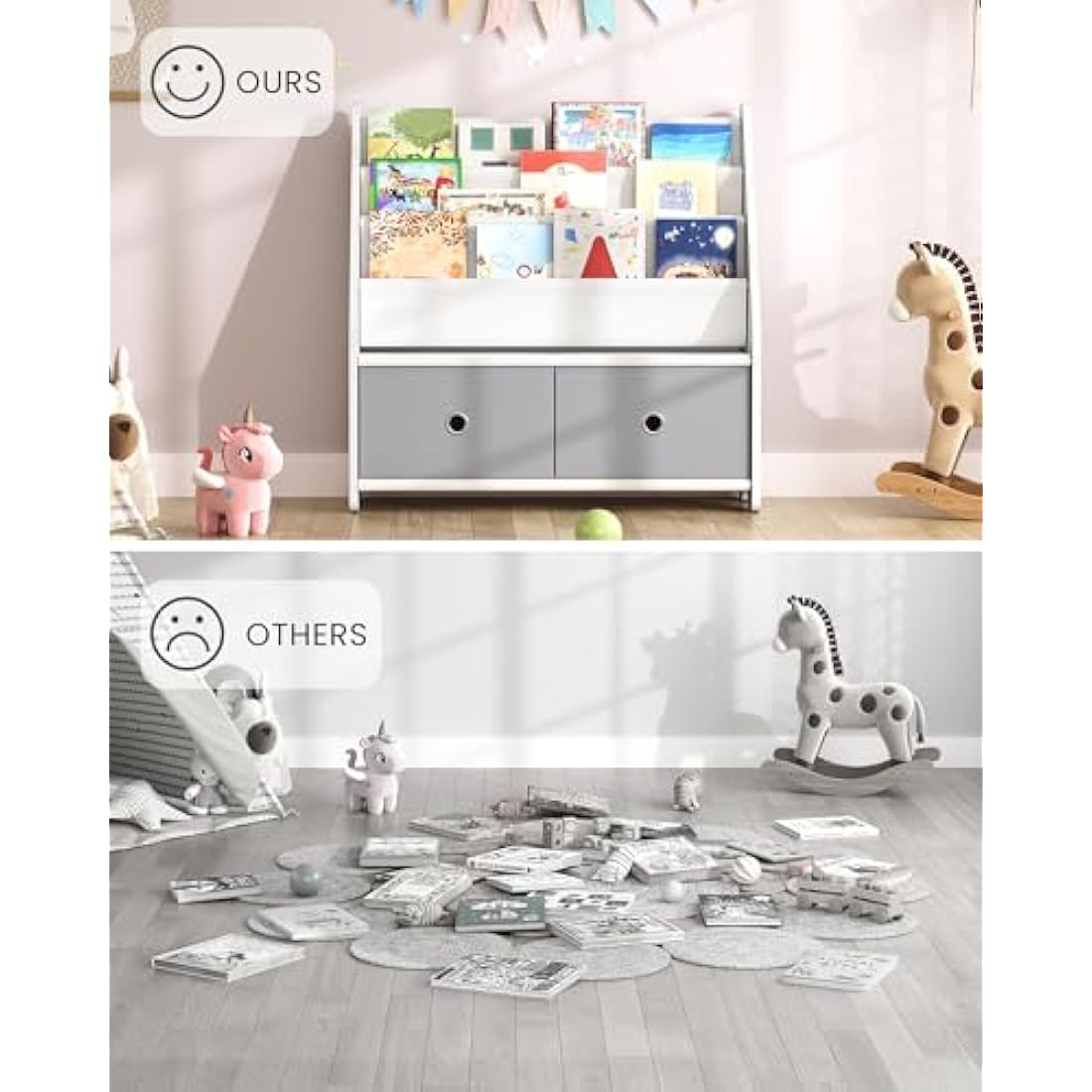 CHOEZON Kids Bookshelf, 4 Tier Children's Bookcase, Large Capacity Kids Book Rack and Toy Storage, for Kids Room, Nursery, Playroom, White and Gray DMCW06WT