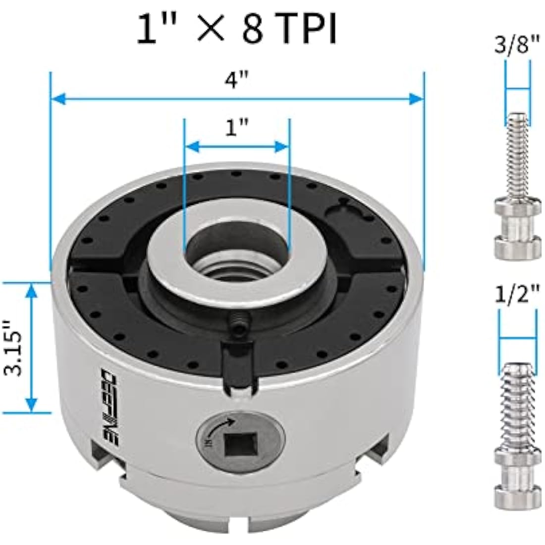 DEEFIINE 4 Inch Wood Lathe Chuck Set 1" X 8 tpi Thread, Nickel Plated Self Centering 4 Jaw Wood Turning Chuck Set(5PCS Jaws)