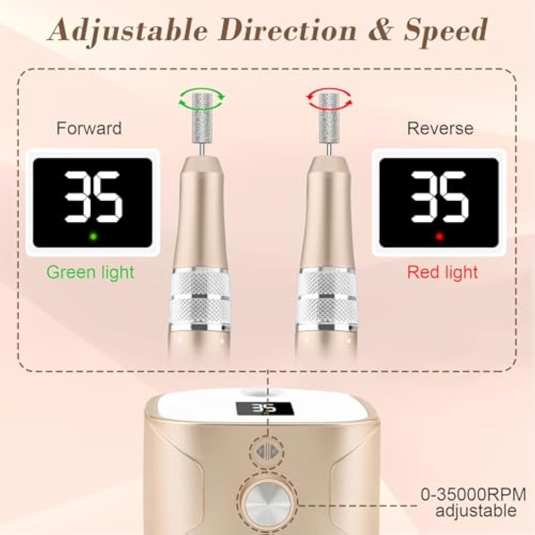 Kredioo Nail Drill 35,000RPM, Electric Nail File for Acrylic and Gel Nails, Professional Nail Drill Machine, Manicure Pedicure Kit with 11 Bits, LCD Display, Touch Button (Gold)