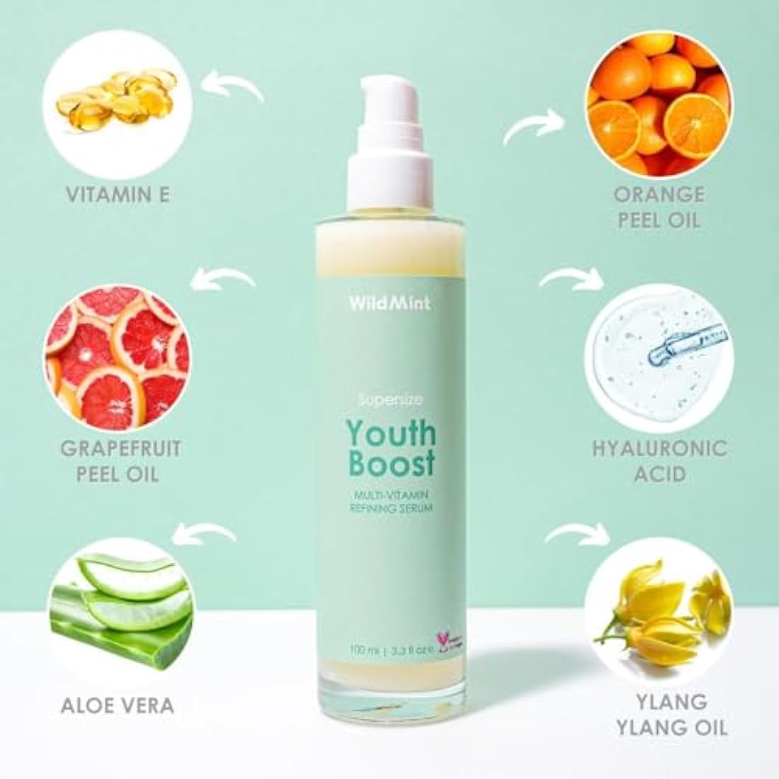 WildMint Youth Boost Natural Face Serum | Hydrating Anti-Aging Serum for Sensitive, Dry, Mature & Menopause Skin | Hyaluronic Acid & Vitamin C | UK Made Vegan & Cruelty-Free Skincare | 100ml