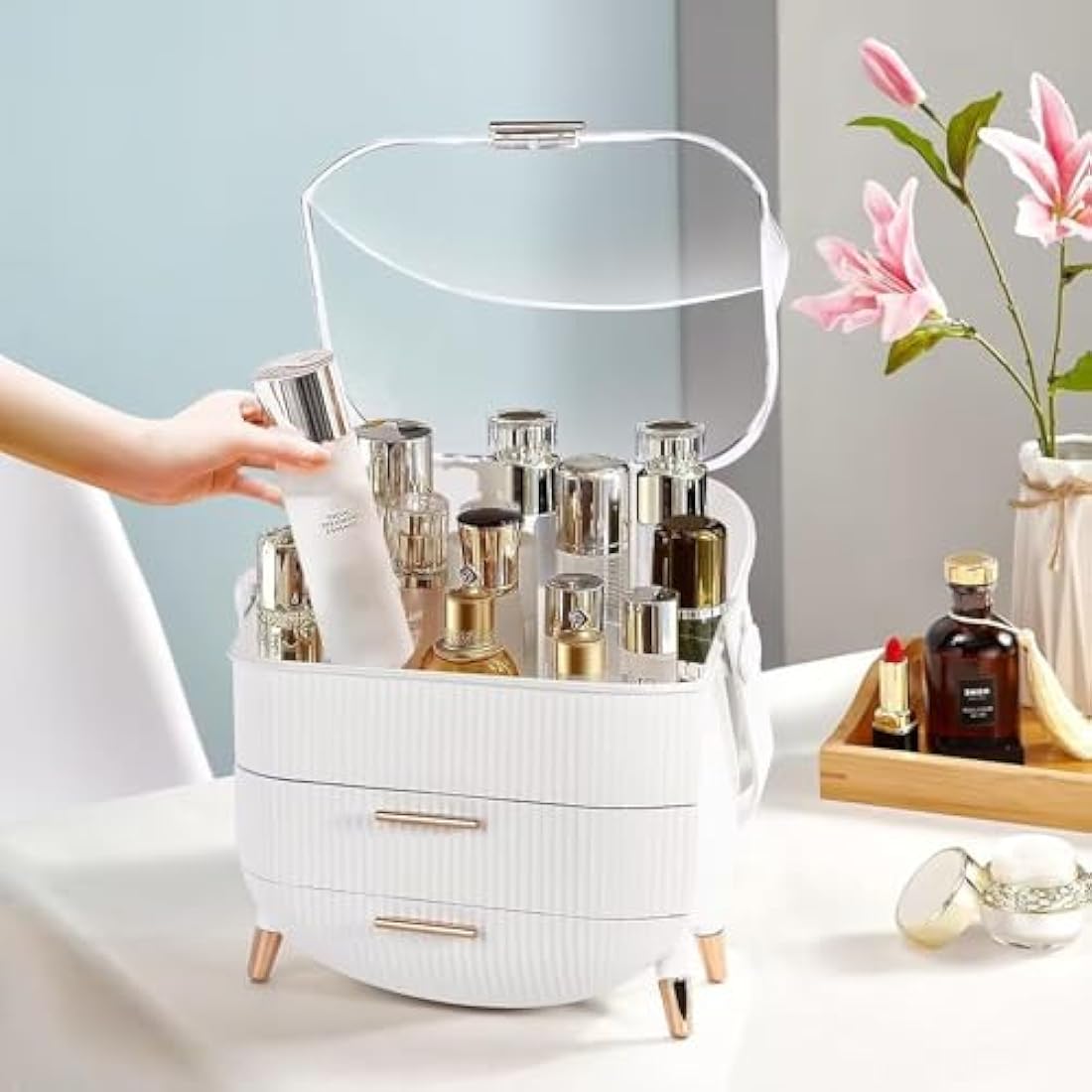 SIOOUI Makeup Organizer Box, Clear Cover Cosmetic Display Case with Two Tier Storage Box and Brush Storage Box, Skincare Organizers for Bathroom Countertop, Bedroom Vanity Desk and Travel (White)