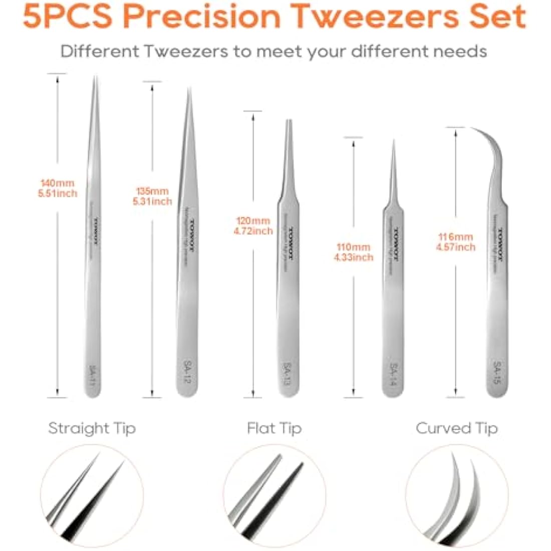 Stainless Steel Heat Resistant Tweezers, 5 PCS - Craft, Electronics, Jewelry-Making, Non-Magnetic by TOWOT