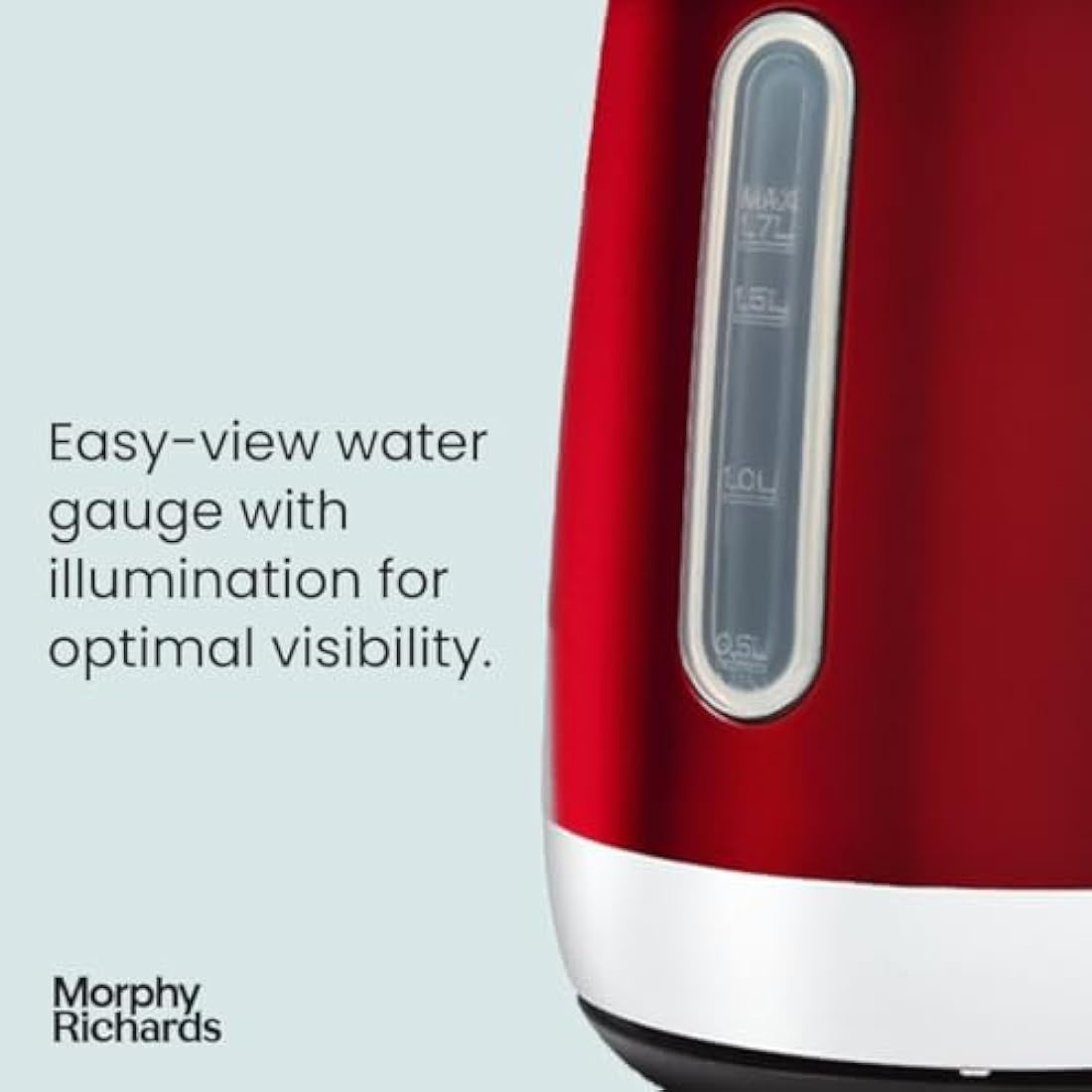 Morphy Richards Equip Kettle, 1.7L, 3Kw Rapid boil, Removeable Limescale Filter, Easy View Water Gauge, Stainless Steel Case, Red, 102785