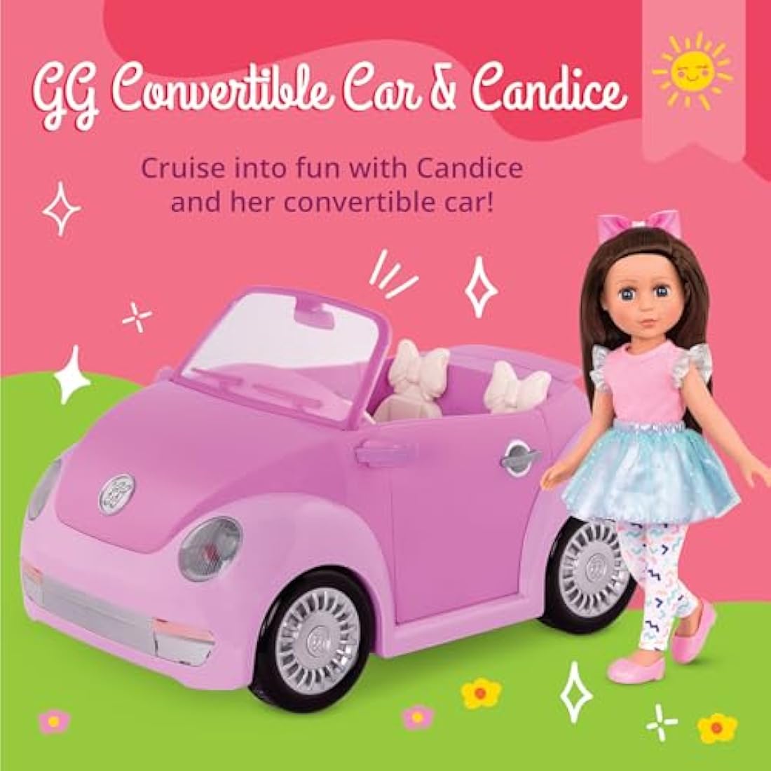 Glitter Girls – 14-Inch Poseable Doll & Purple Convertible Car – Rolling Wheels, Opening Doors, Trunk & Interior Storage – Toys, Clothes, and Accessories for 3+ Years - Candice & Car