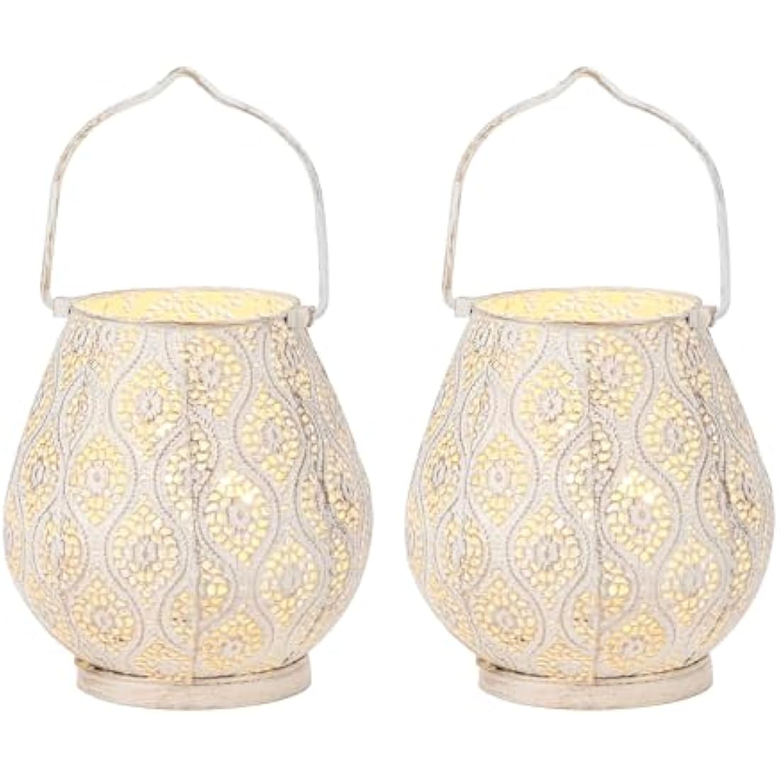 TRIROCKS Set of 2 Moroccan Decorative Metal Table Lamps 26cm H Battery Powered Cordless Lanterns with Fairy Lights Bulb for Home Living Room Garden Yard Party Events Tabletop Indoor Outdoor (White)