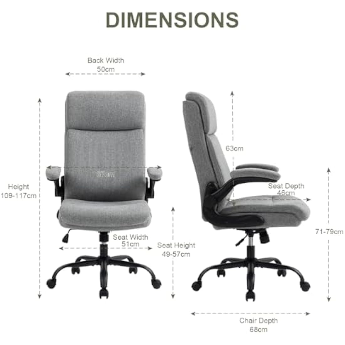 CASTLOVE Ergonomic Office Chair for Home - Computer Desk Chair with Back Support - Flip Up Armrest - High Back - Height Adjustable - Rocking Function (Fabric Grey Max 150 kg)