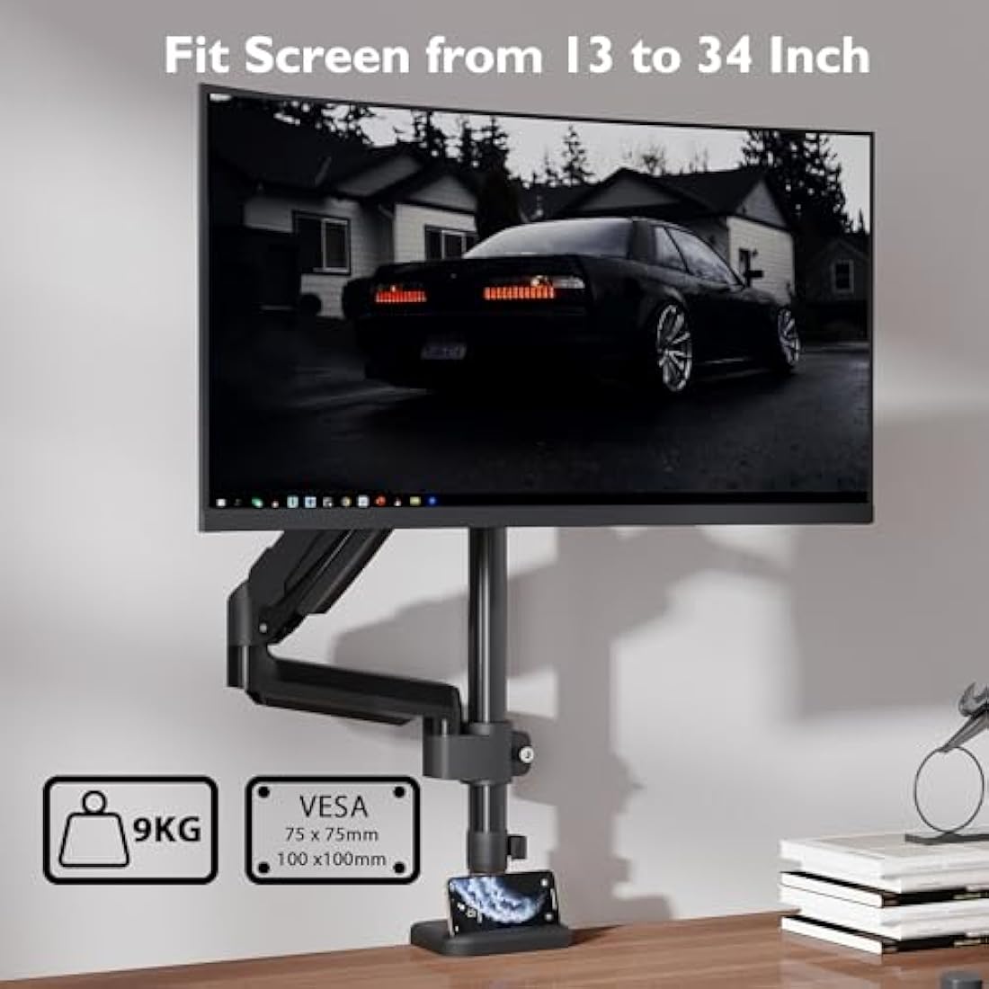 BONTEC Single Monitor Arm Desk Mount for 13-32 Inch Screens, Adjustable Gas Spring Arm Stand, VESA 75/100mm, 9kg Capacity, Tilt, Swivel, 360° Rotation, C-Clamp & Grommet Options, Ergonomic Design