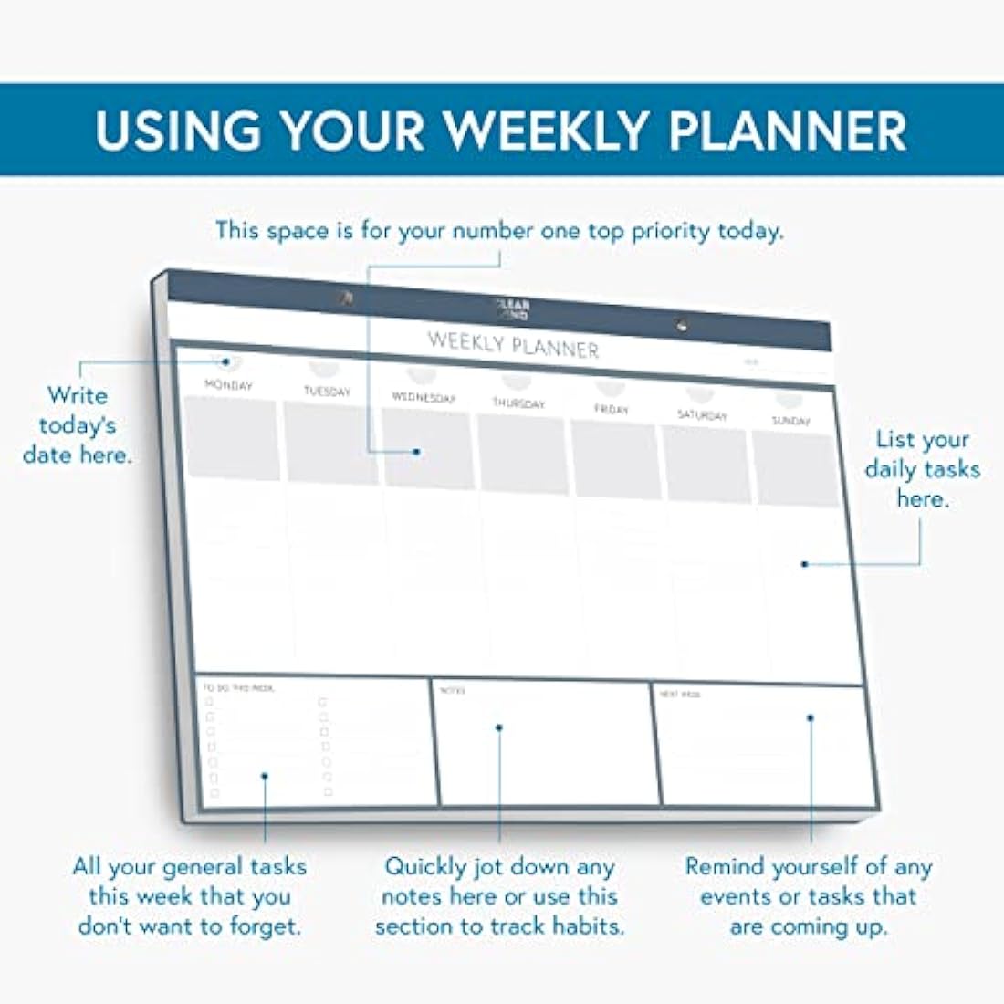Premium Weekly Planner Desk Pad by Clear Mind Concepts® - A3 Size - Faux Leather Hard Cover - 52 Tear-Off Sheets for Enhanced Productivity